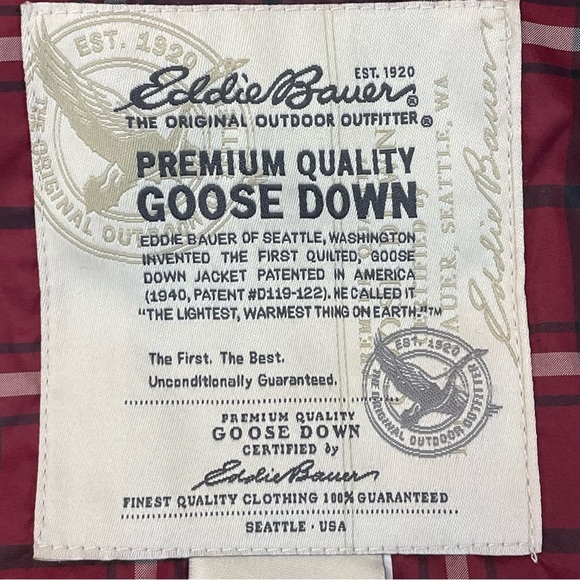 EDDIE BAUER Womens medium Premium Goose Down Puffer Vest Red Plaid burgundy - Picture 8 of 13